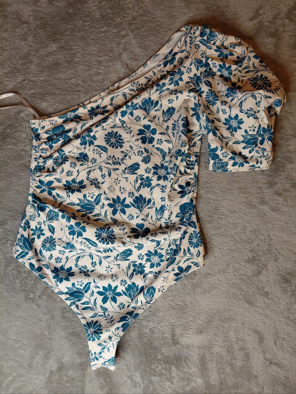 Intimately Free People Cream One-Shoulder Bodysuit with Blue Floral Print